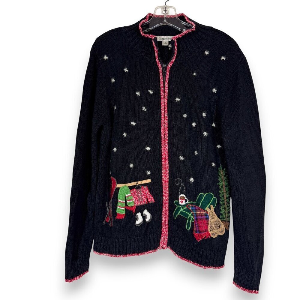 Vintage Christmas Sweater Medium Embroidered Patches Black Red